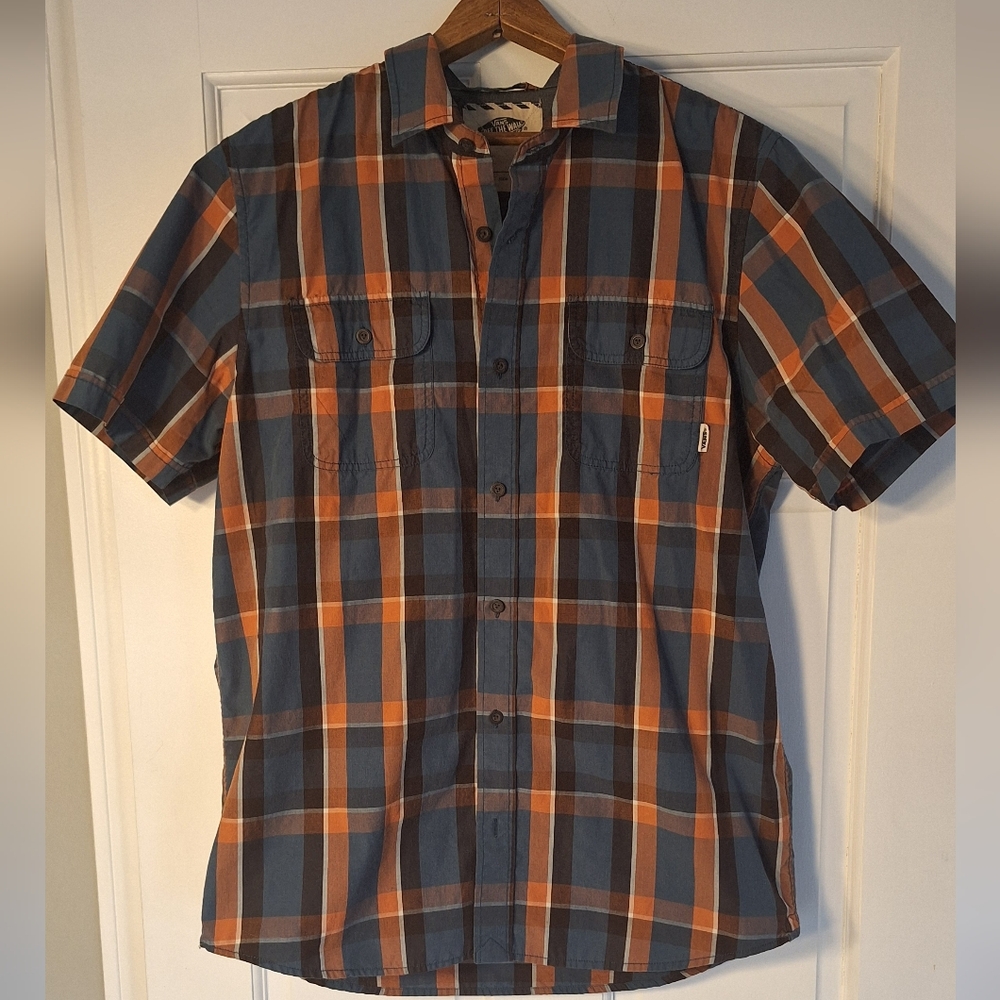 Vans Men's Blue and Orange Plaid Shirt